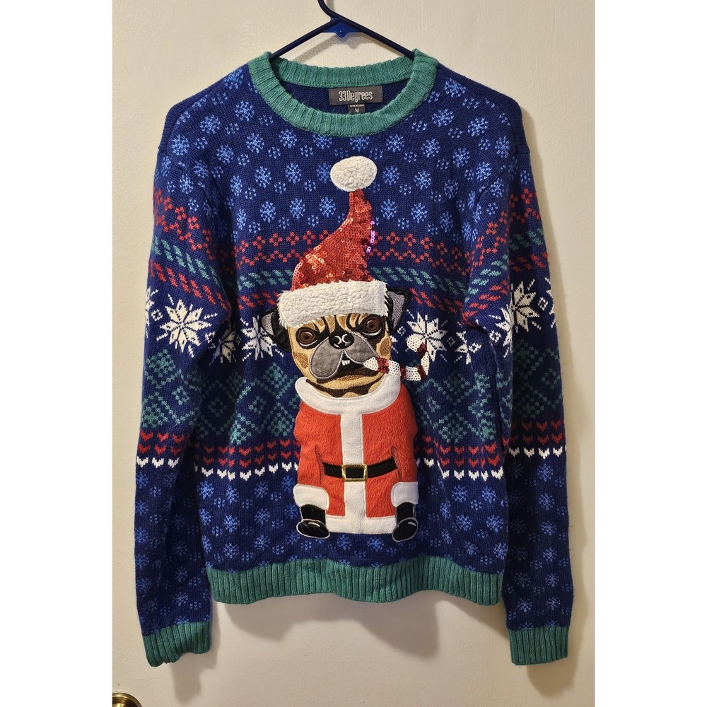 33 Degrees Ugly Christmas Sweater With Santa Pug Dog Candy Cane Unisex Size M